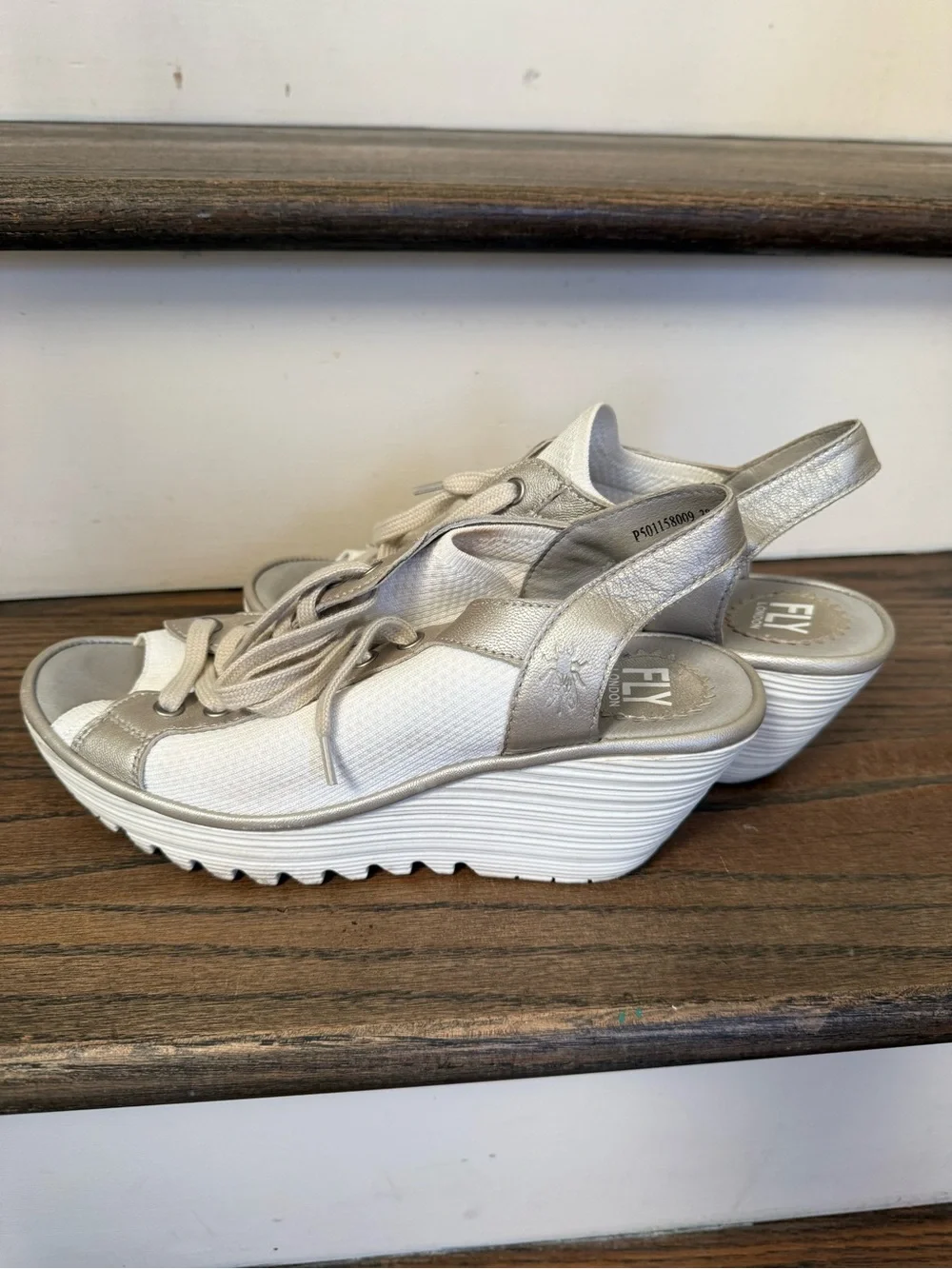 Fly London 38 Yedu Wedge Lace up Sandal  - White & Metallic silver